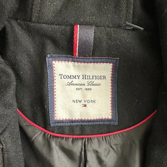 Tommy‎ Hilfiger Womens Wool Toggle Walker Pea Coat Size L Faux Fur Hood Preppy